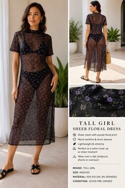 Tall Girl Sheer Floral Midi Dress Size Medium Black Purple Swim Cover Up